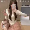 Sexy Puro Deseo Cuello en U Manga Larga Capa Base Irregular Camiseta de Manga Larga Corta para Mujer Otoño Top Base Adelgazante para Mujer