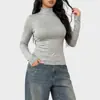 Camiseta Popular de Cuello Alto y Manga Larga de Amazon para Mujer, Corte Ajustado, Camiseta Base Elástica, Color Sólido, Top Interior Versátil