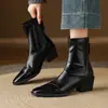 Botines Cortos Marrones de Tacón Medio-Alto Estilo Coreano para Mujer, Botines Chelsea Chelsea de Punta Cuadrada Suave Estilo Británico con Cremallera Trasera, Botines de Tobillo de Tacón Grueso Ajustados