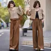 Conjunto Fragrante Estilo Francês Feminino Outono 2024 Nova Moda Estilo Ocidental Redutor de Idade Cintura Alta Emagrecedor Calça Wide Leg Conjunto de Duas Peças