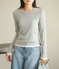 Camiseta de Mousse de Bambú para Mujer, Falsa de Dos Piezas, Bloques de Color, Manga Larga, Cuello Redondo, Camiseta Básica Superior, Ropa Nueva para Mujer Primavera y Otoño