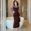 2026 Nova Roupa Feminina de Outono Estilo Francês Retro Veludo com Renda Splicing Vestido Bodycon Cauda de Peixe 30635