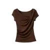 Estilo novo de verão ombro a ombro lyocell lã estilo desejo puro elegante afunilado cintura franzida manga curta blusa para mulheres