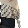 Suéter de punto a rayas color block estilo francés para mujer, holgado y estilizado, top versátil de cuello redondo, adecuado para usar en capas en otoño e invierno