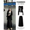 Cárdigan de punto negro, top de manga larga, conjunto de ropa exterior de otoño, falda de mujer de longitud media, un atuendo sofisticado y elegante