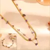 Colar e Pulseira de Aço Titânio Camada Dupla Transfronteiriços para Mulheres, Pulseira de Aço Inoxidável de Alta Qualidade Luxo Moda Camada Dupla Cristal Vermelho Ametista