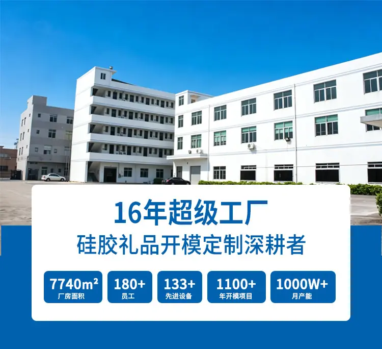 博皓硅胶拥有16年硅胶礼品开模定制经验，7740m²厂房，180+员工，133+先进设备，年开模项目1100+，月产能超1000万件。