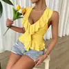 2026 Europeu e Americano Transfronteiriço Verão Novo Decote V Alça de Pescoço Top com Babados Plissado Bodycon Sem Mangas Emagrecimento