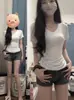Camiseta de Color Sólido con Hombro Derecho, Cintura Marcada, Cuello en V y Mangas Largas para Mujer Verano 2025, Pura Tentación, Efecto Adelgazante, Sexy, Ajustada, Top de Seda Helada