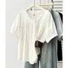 200 jin talla grande ligera delgada top verano nuevo estilo elegante cuello de encaje cintura fruncida camisa de manga corta 0584