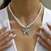 Colar com Pingente de Borboleta de Pérola Imitação para Mulheres, Moderno, Doce, Simples, Cheio de Diamantes, Estilo Francês, Corrente de Clavícula de Alta Qualidade