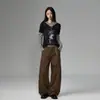 Pantalones cargo de pierna ancha plisados con estampado de bambú vintage en color Naranja Juvenil para mujer, corte holgado, adelgazantes, modernos y versátiles, con pierna curva