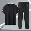 Traje de Verano para Hombre de Seda de Hielo Transpirable Deportivo Casual Cuello Redondo Pantalón Largo Traje de Secado Rápido Traje de Manga Corta de Seda de Hielo para Hombre