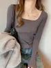 Camisa de Base com Gola Quadrada de Fio Modal para Outono e Inverno para Mulheres Simples Francesa Branca Elegante Versátil Top Interno de Ombro Direito
