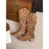 Retro Brown V-Mouth Heap Botas Médias Sapatos Femininos 2024 Primavera Outono e Inverno Botas Longas de Denim Ocidental Pontiagudo