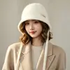 Sombrero de pescador de lana para mujer, engrosado para abrigar en otoño e invierno, hace que la cara se vea más pequeña, adecuado para cabezas de mayor tamaño, diseño versátil de punto con cordones