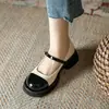Sapatos Pequenos de Couro Mary Jane para Mulheres 2024 Novo Estilo Pequena Fragrância Primavera e Verão Sapato Retro Bico Redondo Solado Grosso Boca Rasa Salto Médio