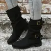 Europa y Estados Unidos hebilla de cinturón de gran tamaño transfronteriza tacón bajo Botas de Caballero Botas planas de color estilo retro de caña media para mujer deseo suministro