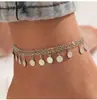 Joyería Transfronteriza Estilo Bohemio Colgante de Disco de Hierro Tobillera de Cuentas de Arroz Conjunto de Joyería para el Pie de Playa de Múltiples Capas