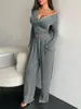 Conjunto de Pijama Feminino Moda Cruzada Europeia e Americana Outono e Inverno Sexy Decote V Profundo Manga Longa Bolso Reto Calça Longa