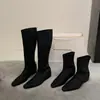 Versión Satín~Novedad Otoño/Invierno Botas Elásticas de Punta Cuadrada Botas Adelgazantes Moda Femenina Temperamento Botas Altas Planas Adelgazantes
