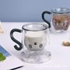 Taza de Agua Creativa de Gatito de Dibujos Animados con Asa Vaso de Vidrio Transparente Taza para Bebidas Aislada de Doble Capa para Leche, Café