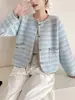 Cárdigan de punto de terciopelo sintético tipo visón estilo francés, nuevo modelo otoño e invierno 2026, chaqueta suéter elegante de bloques de color con cuello redondo para mujer