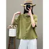 Camisa de lino de estilo artístico y vintage para mujer, perfecta para el verano, con un diseño chic y versátil, color liso y manga de tres cuartos, adecuada tanto para el trabajo como para uso casual