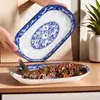 Plato de Pescado Coloreado Bajo Esmalte para Uso Doméstico, Plato para Pescado al Vapor de Porcelana Azul y Blanca, Plato Largo, Plato de Alta Estética, Plato Grande para Pescado Estofado, Plato Grande de Cerámica para Pescado