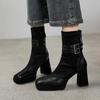 Botas finas de salto super alto femininas com fivela de cinto 2024, salto grosso de inverno, couro de vaca, camurça, costura, cabeça quadrada, botas elásticas