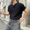 Camiseta Waffle Masculina MYQ com Gola Henry, Manga Curta Versátil de Verão com Caimento Solto, Look de Trabalho Versátil Estilo Coreano para Marido