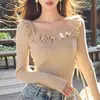 Blusa chique estilo coreano, blusa base de tricô com babados na cor damasco, moda feminina outono 2025 novo modelo