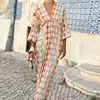 Vestido feminino casual e elegante versátil estampado com decote V e mangas bufantes, corte justo, verão 2026, novo, transfronteiriço, europeu e americano