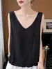 Nova Camisola de Linho de Bambu com Decote V para Mulheres, Coleção Primavera/Verão 2026, com Barra Franzida, Top Pulôver Liso Sem Mangas