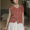 Camisa sin mangas de cuadros rojos para mujer, verano, retro, mangas cortas tipo mariposa, diseño de dobladillo con orejas, top de algodón
