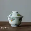 Tigela de cerâmica azul e branca esmaltada com tampa vermelha, conjunto de chá kung fu, tigela de chá vintage grande para uso individual com tampa, xícara de chá