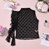11919 Produto Novo Europeu e Americano Transfronteiriço Mais Vendido na Amazon Top Sexy Transparente de Malha Jacquard de Alta Elasticidade com Bolinhas e Babados