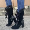 Comércio Exterior Estilo Europeu e Americano Outono e Inverno 2026 Botas Femininas de Salto Alto, Atacador de Tamanho Grande Transfronteiriço com Acabamento em Renda Botas Longas de Salto Grosso