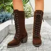 Comércio Exterior Tamanho Grande Europeu e Americano Transfronteiriço Cadarço Botas Gladiador Romanas Femininas Outono/Inverno 2025 Bico Redondo Salto Alto Grosso Botas Gladiador