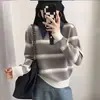 Suéter de Punto Retro Estilo Coreano Bloques de Color Rayas Cuello Solapa para Mujer Otoño Invierno Nuevo Tejido de Punto Holgado Parte Superior con Cuello de Mezclilla