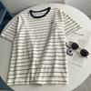 Camiseta de Manga Curta Listrada Bordada com Gola Redonda Color Block Estilo Coreano Elegante Casual Algodão Puro Primavera e Verão Estudante Rejuvenescedora Versátil
