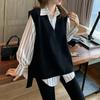 Moda Coreana Nova Primavera e Outono Tops para Mulheres: Conjunto de Duas Peças com Camisa de Listras Verticais e Gola Polo + Colete de Tricô Preto