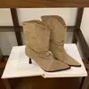Versión de piel de vaca~2026 nuevos botines western vintage de gamuza con cuello en V y plisados para mujer, otoño e invierno, simples, de punta, de tacón alto