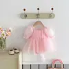 Vestido de Manga Bufante para Meninas Verão Malha Doce Bolinhas Princesa Ha Roupas Bebê Um Ano Vestido Descartável Saia de Bolo