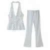 Conjunto de dos piezas popular de pantalones acampanados marca Z con top de lunares, sin mangas, estilo europeo y americano, cuello halter cruzado, ropa de mujer a la moda, transfronterizo ZA