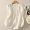 # 224 Chaleco de algodón y lino, estilo casual de verano delgado, camisa elegante de cuello en V, holgado y favorecedor, sin mangas