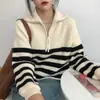 Suéter Rayado de Cuello Alto con Cremallera para Mujer Otoño 2026, Estilo Japonés Suave y Relajado, Cárdigan de Punto Versátil Coreano para Primavera