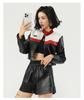Nova Jaqueta Bomber de Costura com Cores Contrastantes para Motociclista Jaqueta Curta de Couro Feminina Comércio Exterior Jaqueta de Couro Transfronteiriça Personalização Feminina