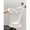 Tejido acanalado de algodón premium de 260 g, 46 % viscosa, 46 % algodón, 8 % elastanoCamiseta de hombros descubiertos para mujer, verano, entallada a la cintura, sin mangas