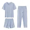 Pijama de Tres Piezas Manga Corta Pantalones Algodón Verano Casual Simple Talla Grande Agradable a la Piel para Mujer Cuello Redondo Ropa de Casa OV